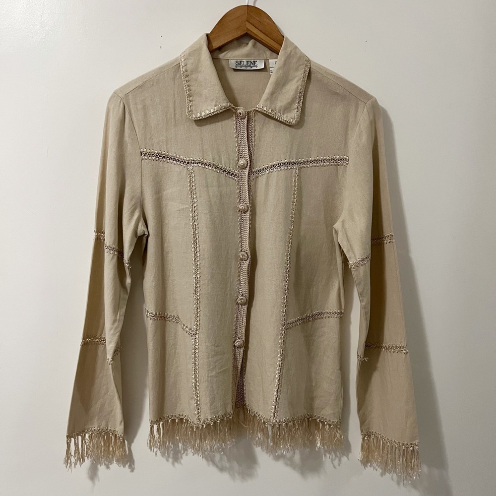 Selene Sport Womens Small Linen Rayon Beige Crochet Trim Fringe Hem Button Shirt